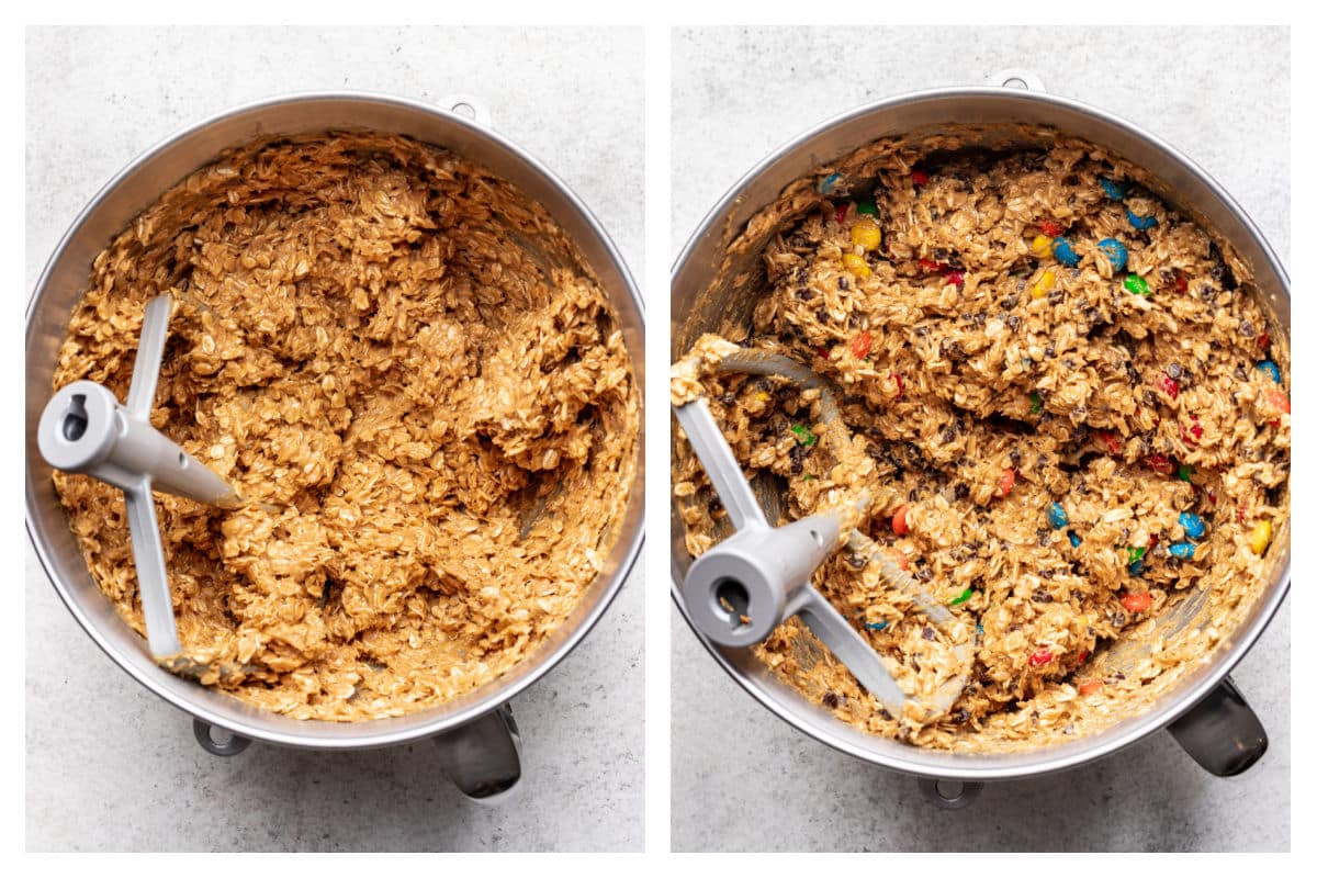 Dry ingredients mixed into peanut butter mixture next to oats stirred in.