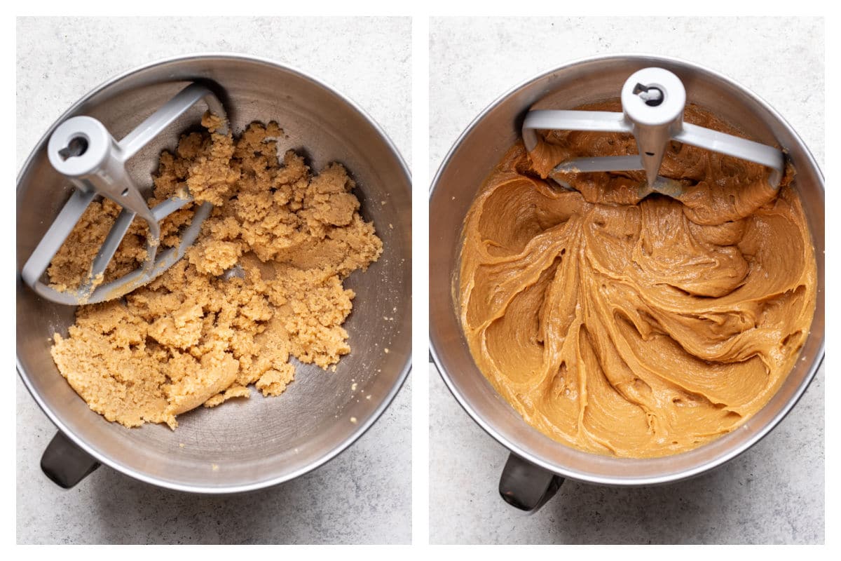 Creamed butter and sugar in a mixing bowl next to eggs and vanilla mixed in.