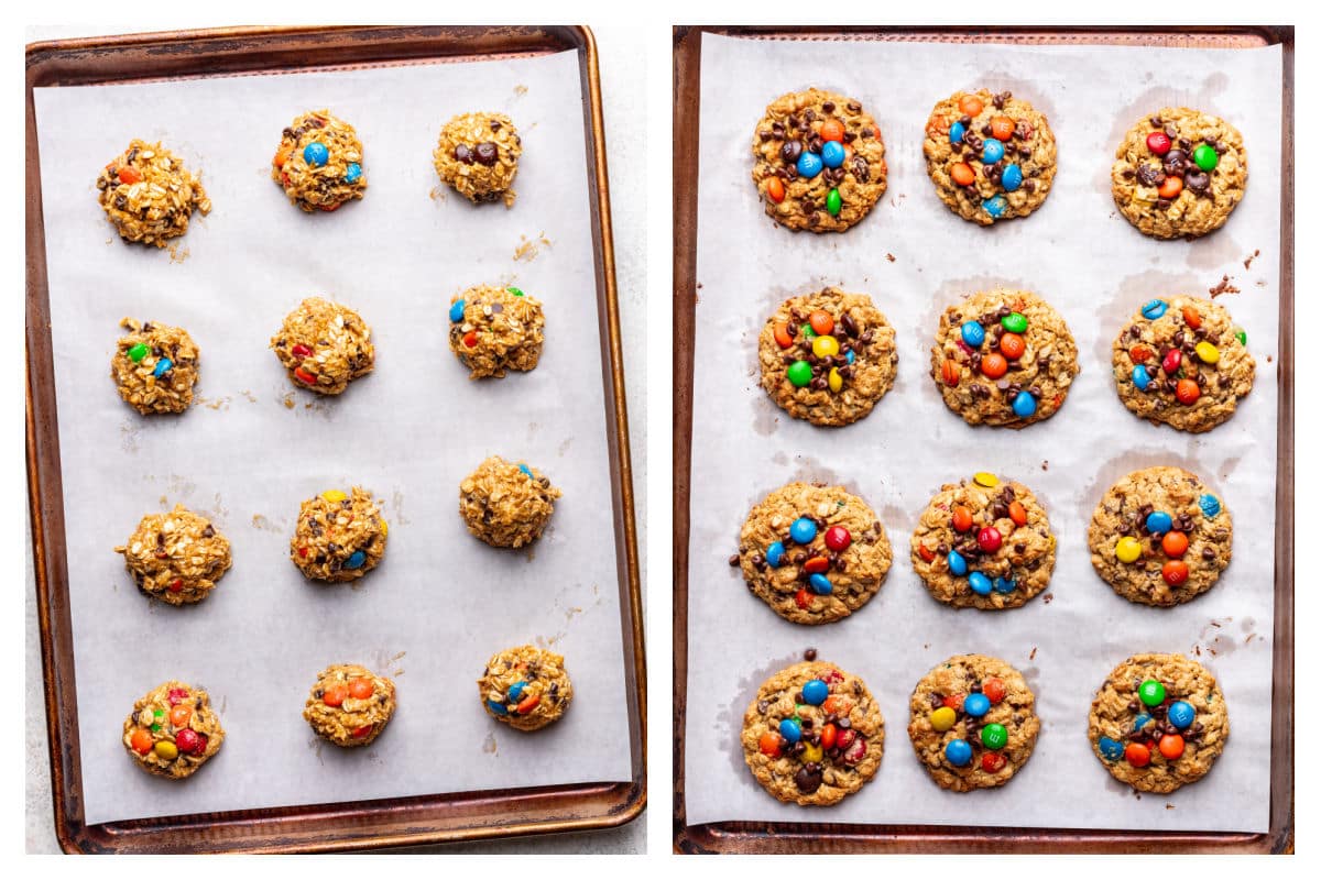 Monster cookie dough on a baking sheet next baked cookies on the baking sheet.