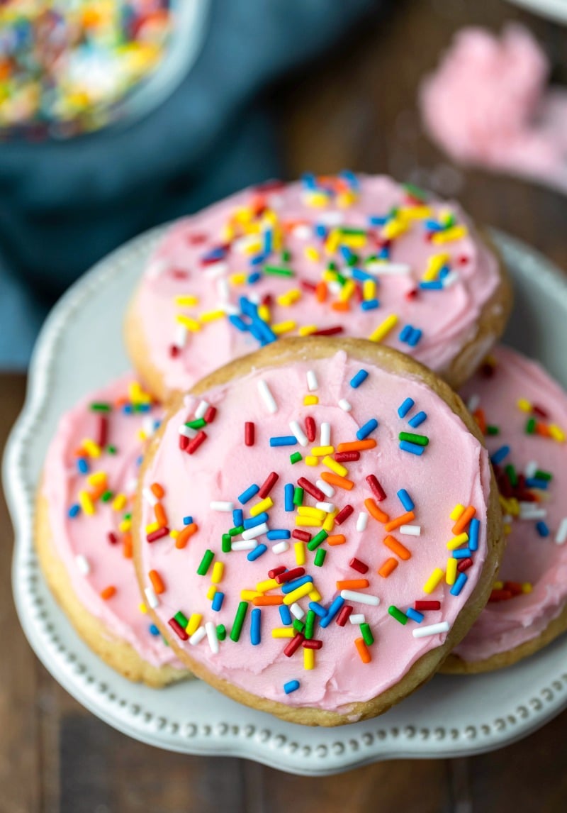 Lofthouse cookies with pink frosting and rainbow sprinkles