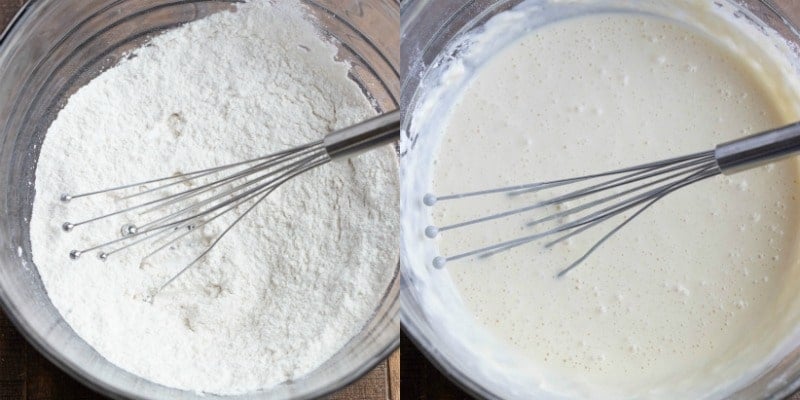 Sour cream pancake batter in a glass mixing bowl