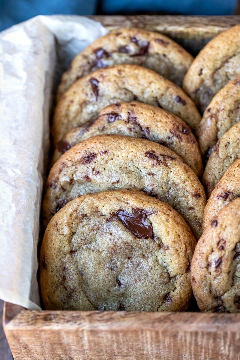 Mexican chocolate chip cookies in a wooden box