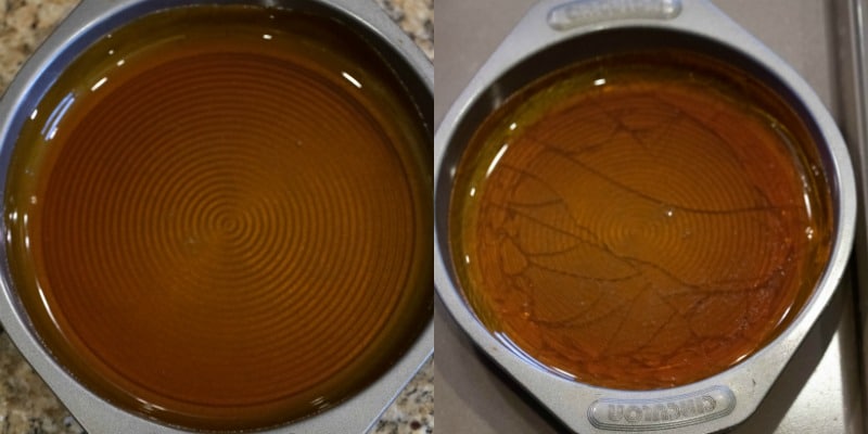 Melted caramel in a cake pan