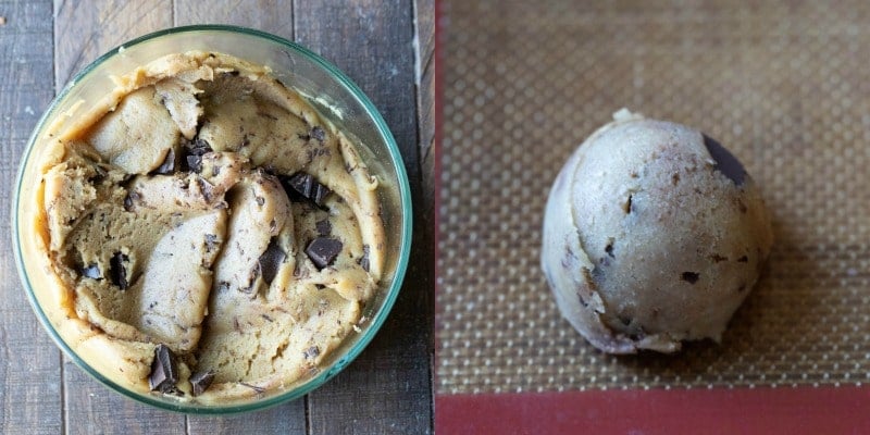 Mexican chocolate chip cookie dough in a glass bowl