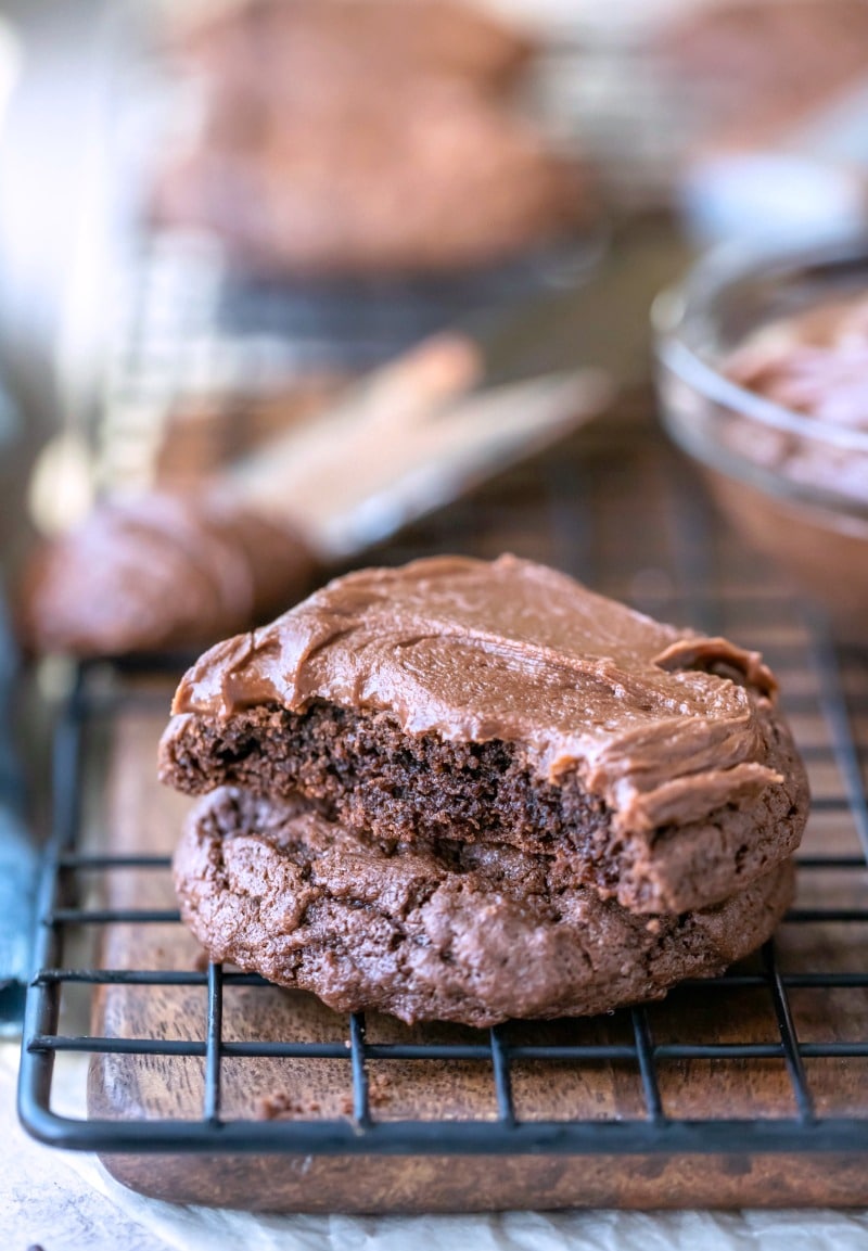 Stacked chocolate frosted cookies