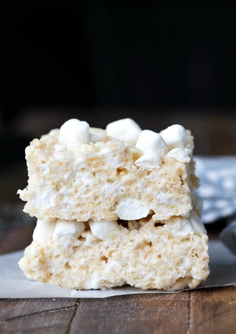 Two rice krispies treats on a piece of parchment paper