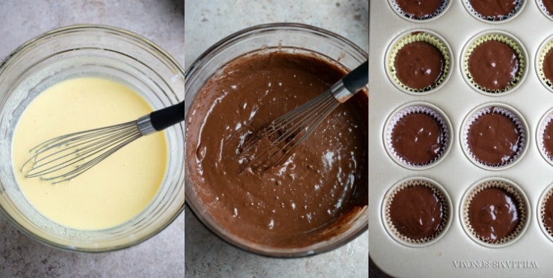 Chocolate chocolate chip muffin batter in a glass mixing bowl
