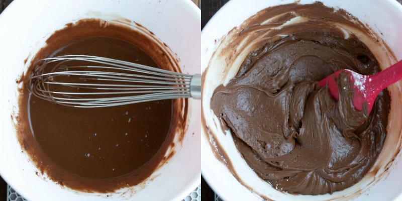 Chocolate frosting in a white mixing bowl