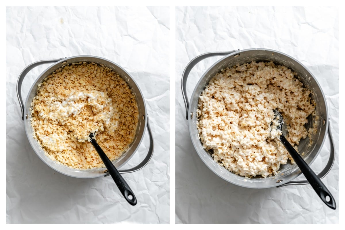 Cereal stirred into melted marshmallow mixture in a pot.
