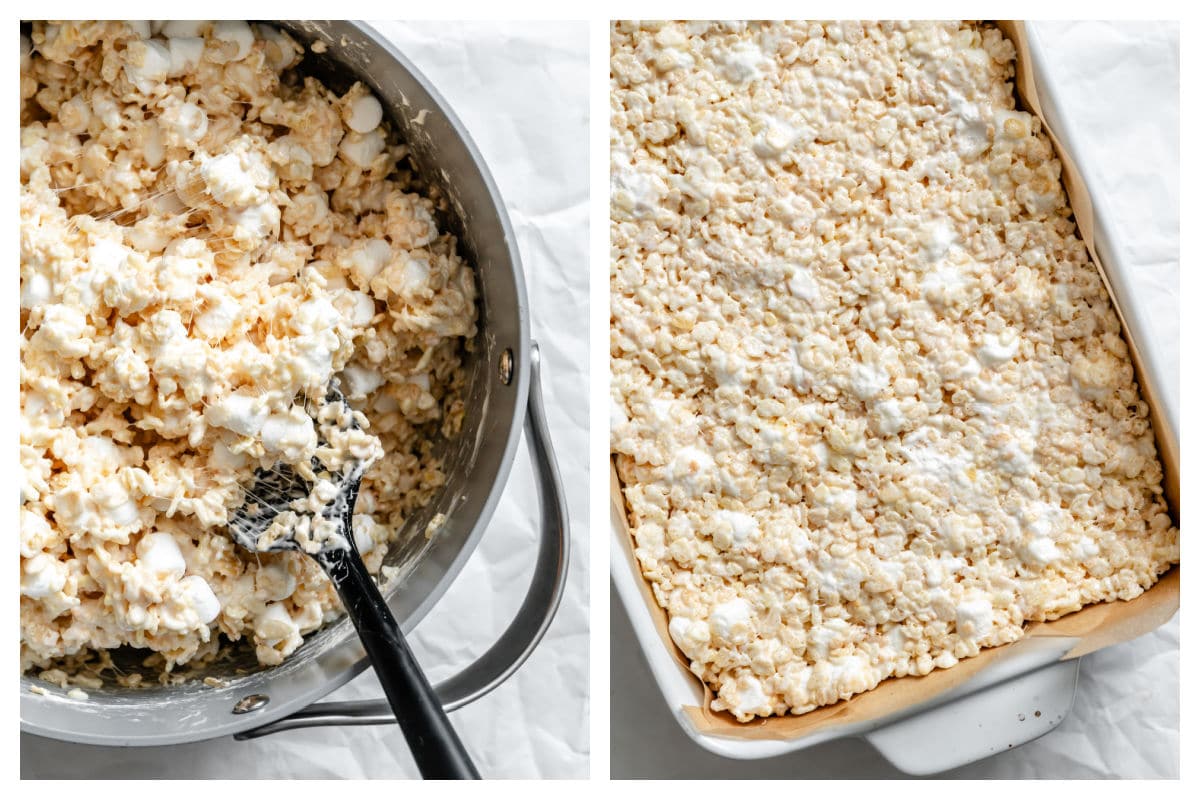 Marshmallows stirred into rice krispie cereal mixture and rice krispie mixture in a pan.
