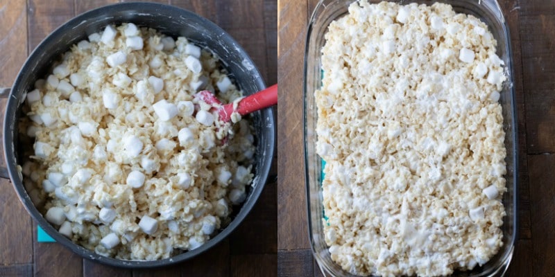 Rice krispies treats in a glass pan