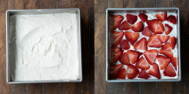 Layers of whipped cream and strawberries in a strawberry icebox cake