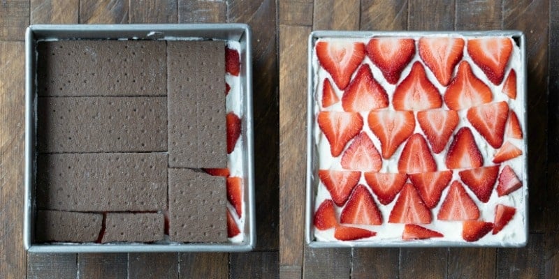 Layers of chocolate graham crackers and strawberries in strawberry icebox cake