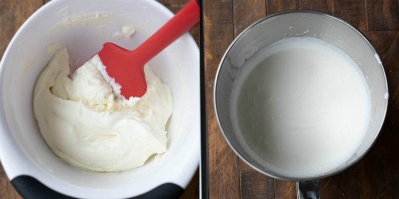 Heavy whipping cream in a silver mixing bowl