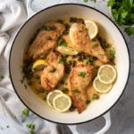 Chicken piccata topped with capers and lemon slices