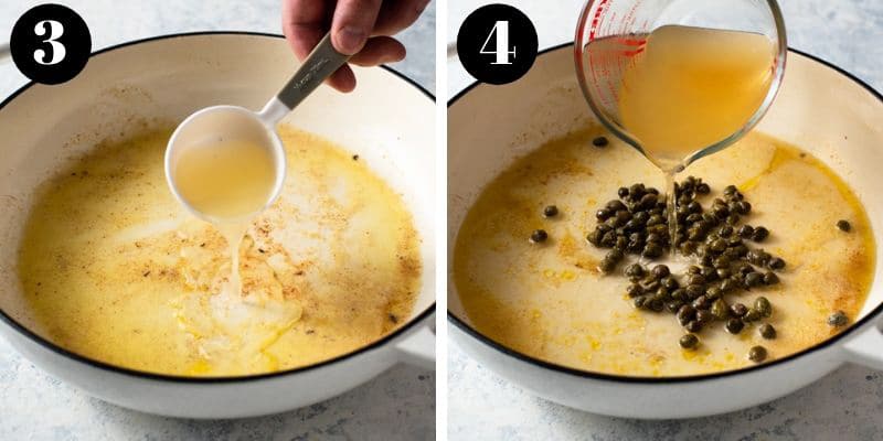 Two process shots of making chicken piccata with capers and lemon juice