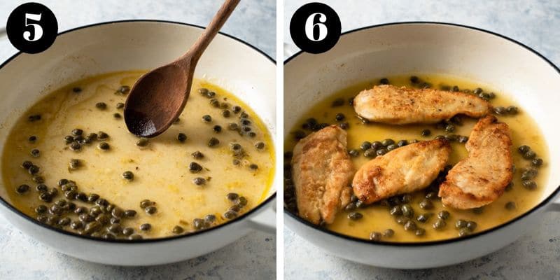 Two process shots of making chicken piccata sauce