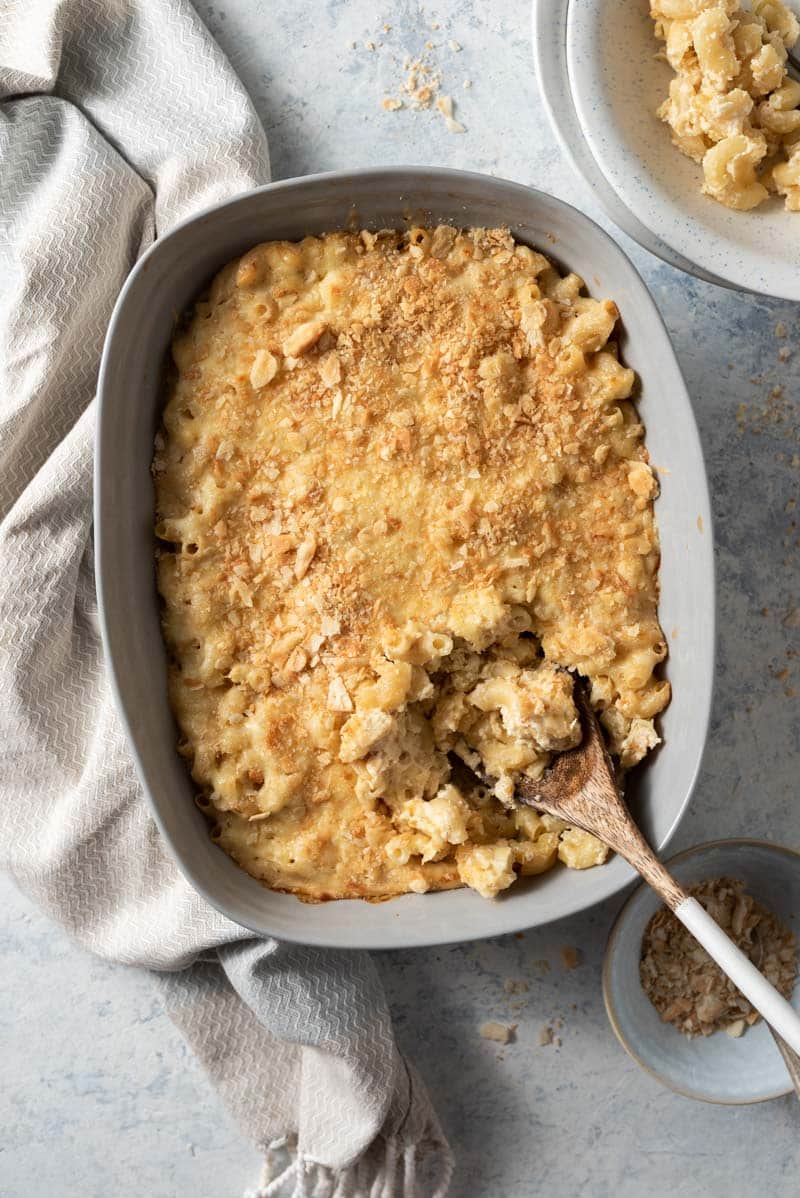 An overhead shot of cauliflower mac and cheese in a baking dish