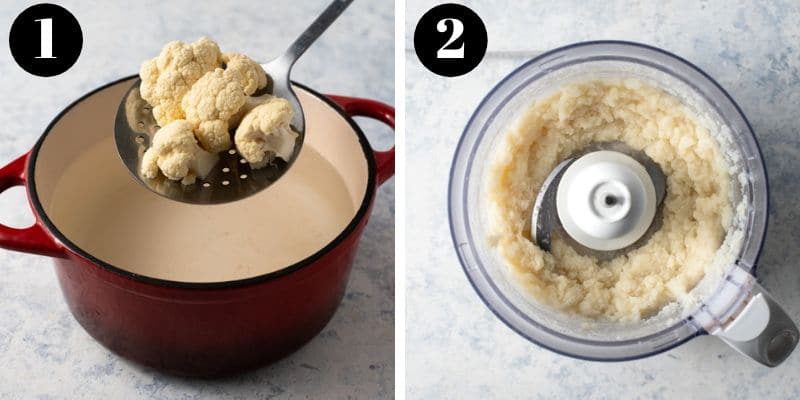 Step by step photos for making cauliflower puree to make cauliflower mac and cheese