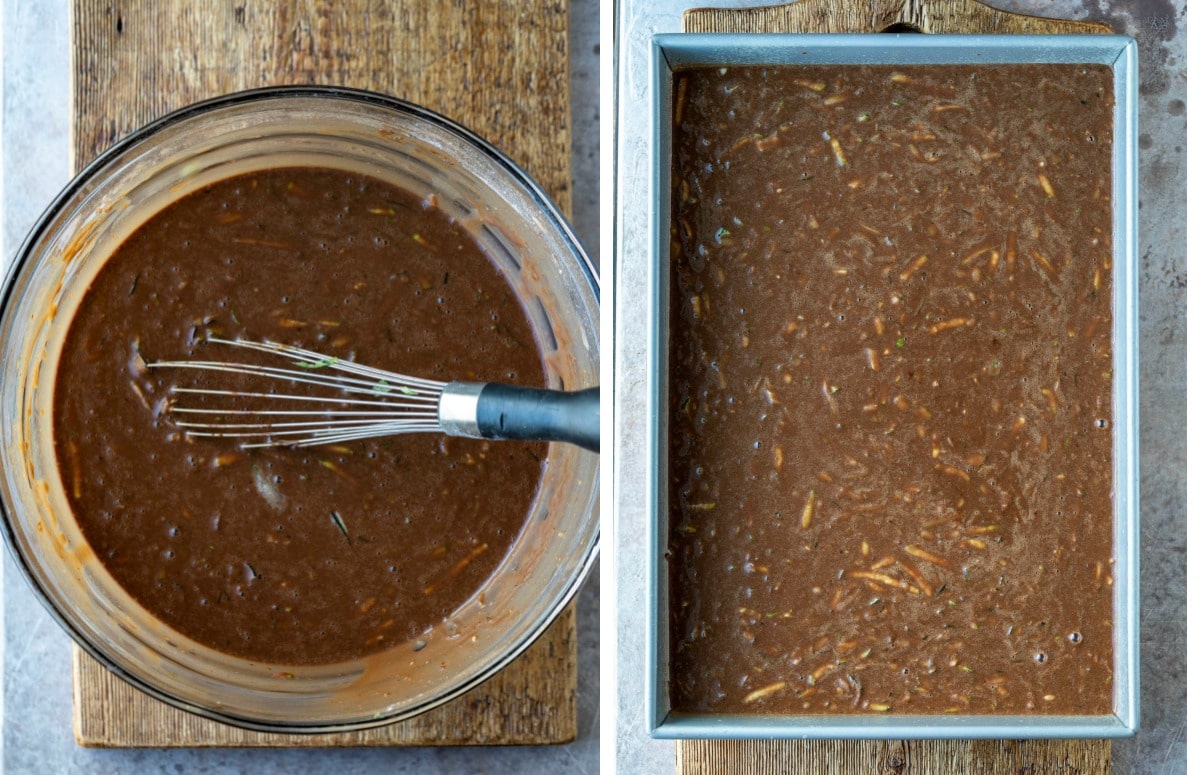 Chocolate zucchini cake batter in a silver baking pan