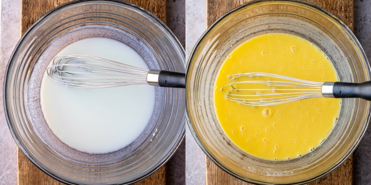 Oil and buttermilk in a glass mixing bowl