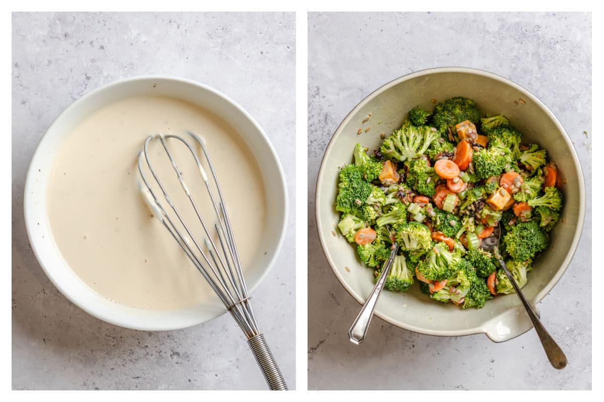 Broccoli salad dressing in a bowl next to dressing poured over salad. 
