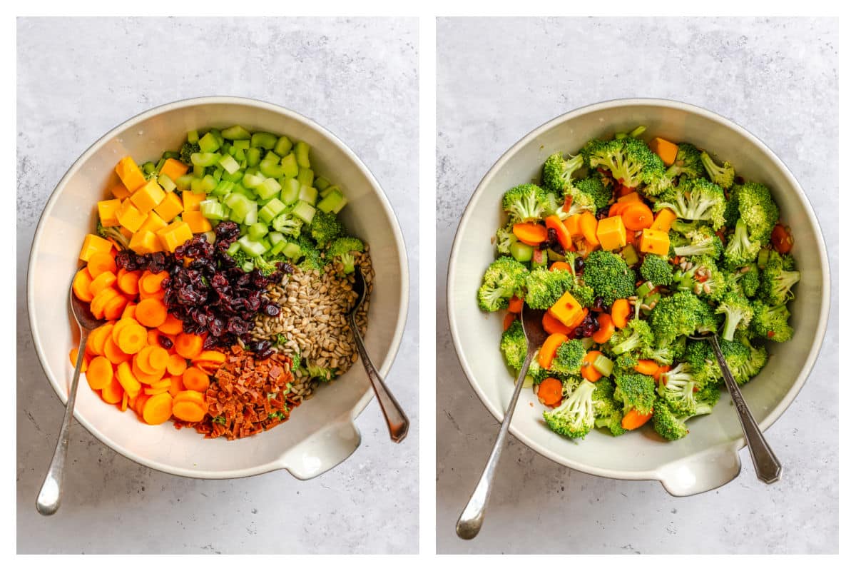 Veggies for broccoli salad in a bowl next to the veggies tossed together. 