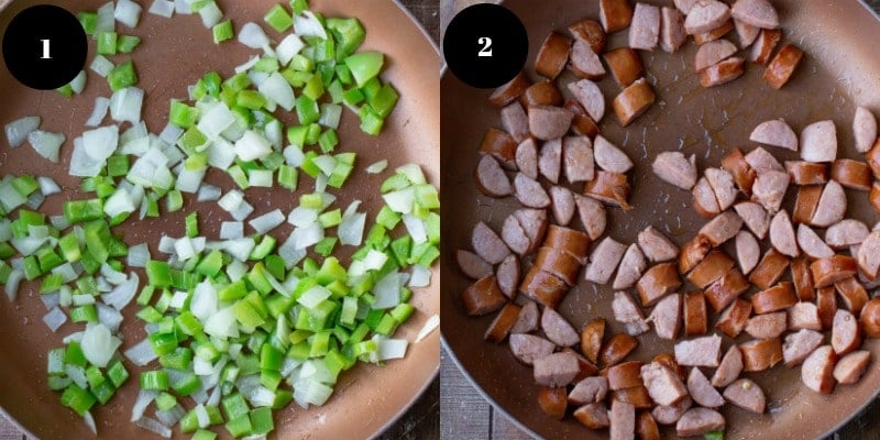 Chopped onion and celery in a copper skillet