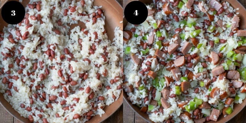Rice and red beans in a copper skillet