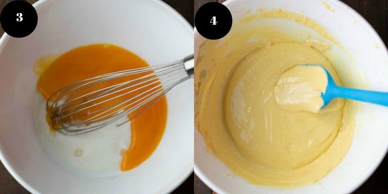 Eggs and sugar in a mixing bowl