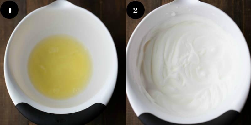 Beaten egg whites in a mixing bowl