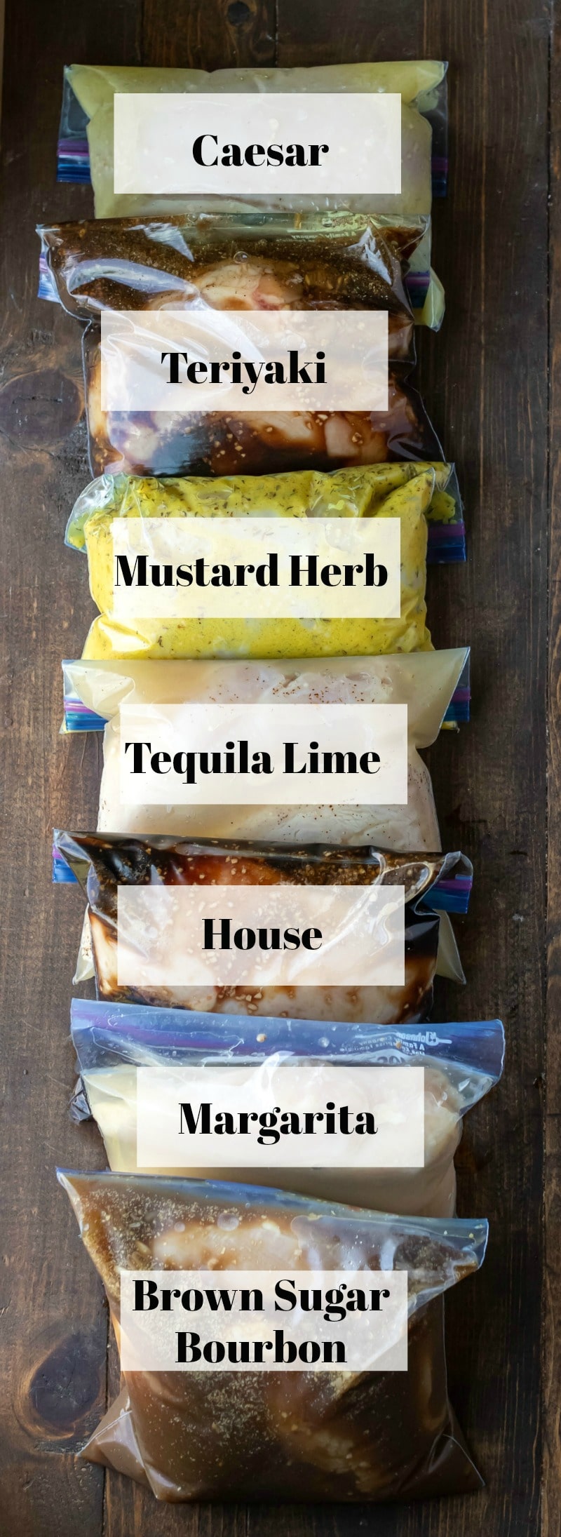 7 labeled bags with different chicken marinades