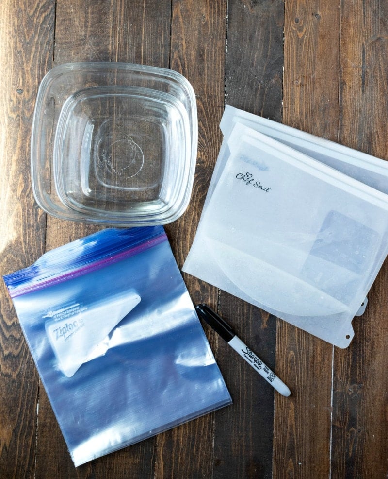 Resealable baggies silicone bags and a glass container
