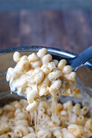 Spoon lifting up a scoop of Instant Pot Mac and Cheese