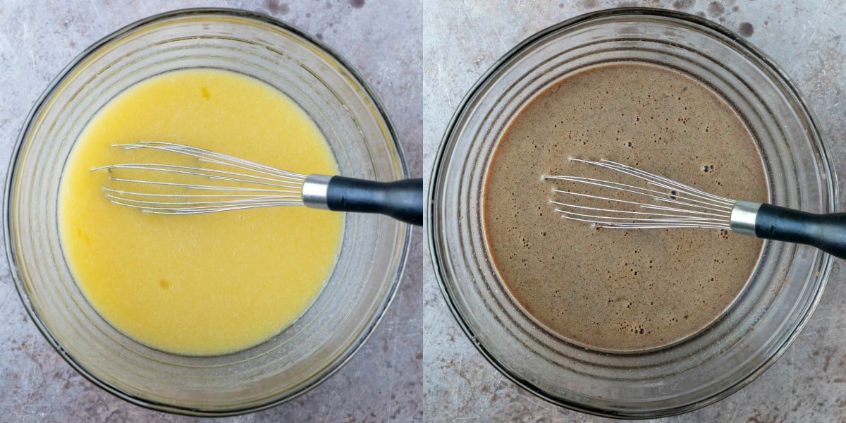 Chocolate mixture in a glass mixing bowl