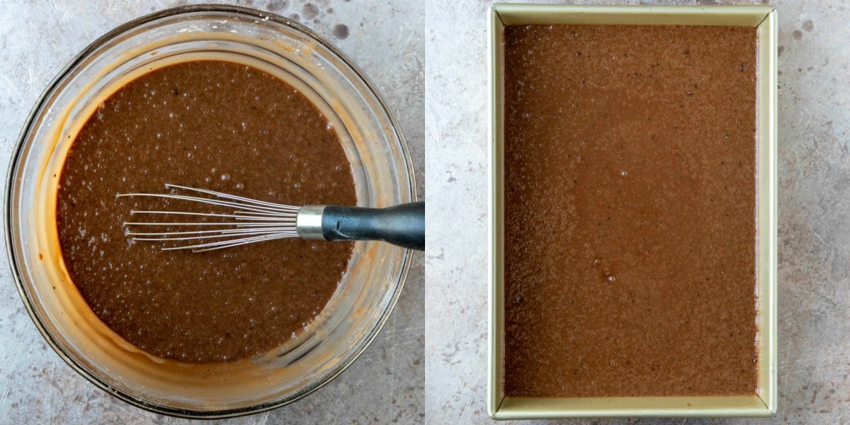 German chocolate cake batter in a baking pan