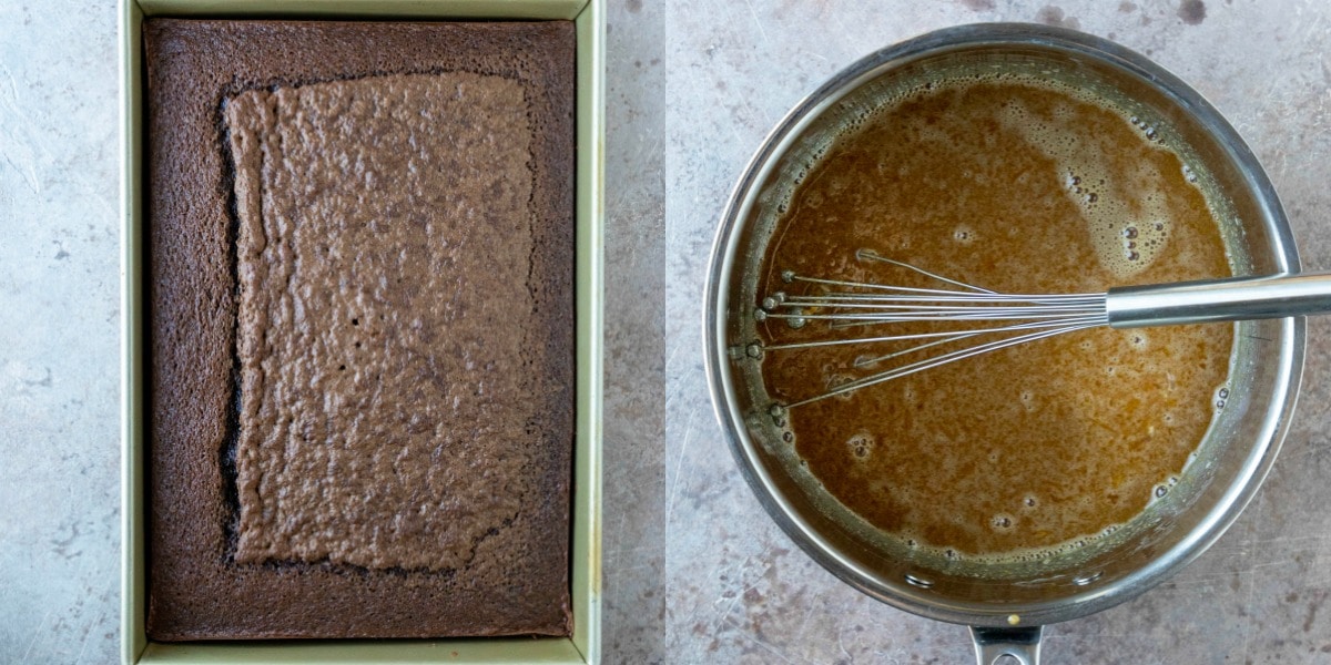 Baked german chocolate cake in a baking pan