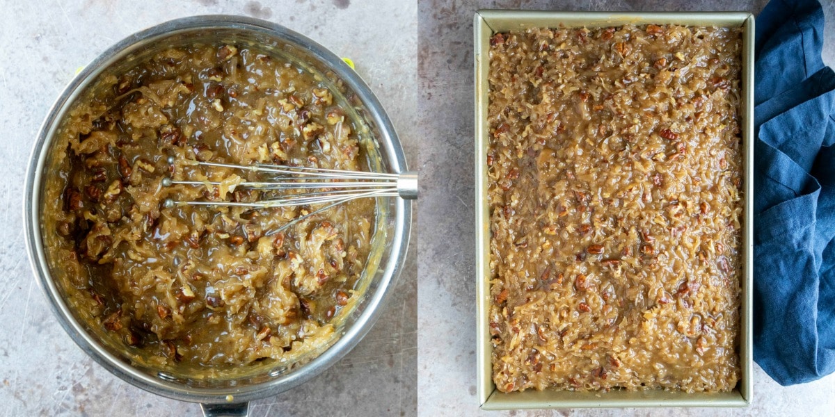 Coconut topping on a German chocolate cake