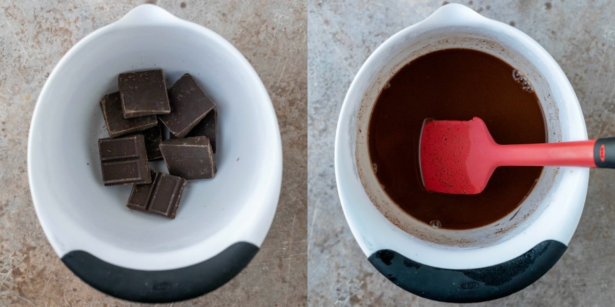 Chopped chocolate in a white mixing bowl