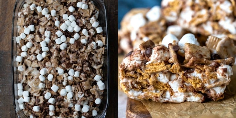 Golden graham s'mores in a glass pan