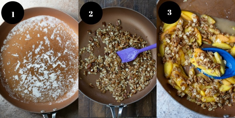 Peach crisp topping in a copper skillet