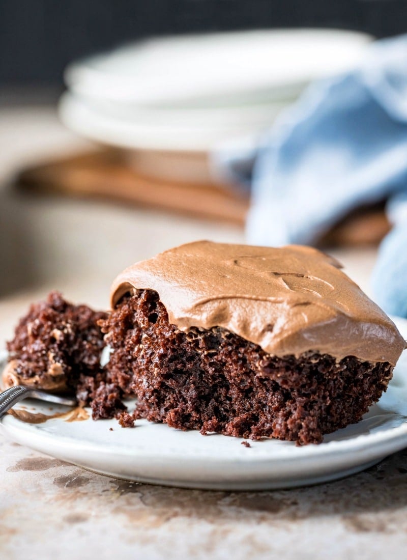 Piece of 6 Minute Chocolate Cake with a fork next to it