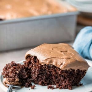 Slice of 6 Minute Chocolate Cake topped with chocolate buttercream frosting