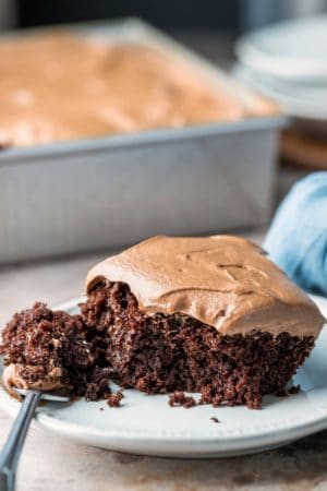 Slice of 6 Minute Chocolate Cake topped with chocolate buttercream frosting