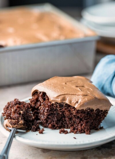 Slice of 6 Minute Chocolate Cake topped with chocolate buttercream frosting