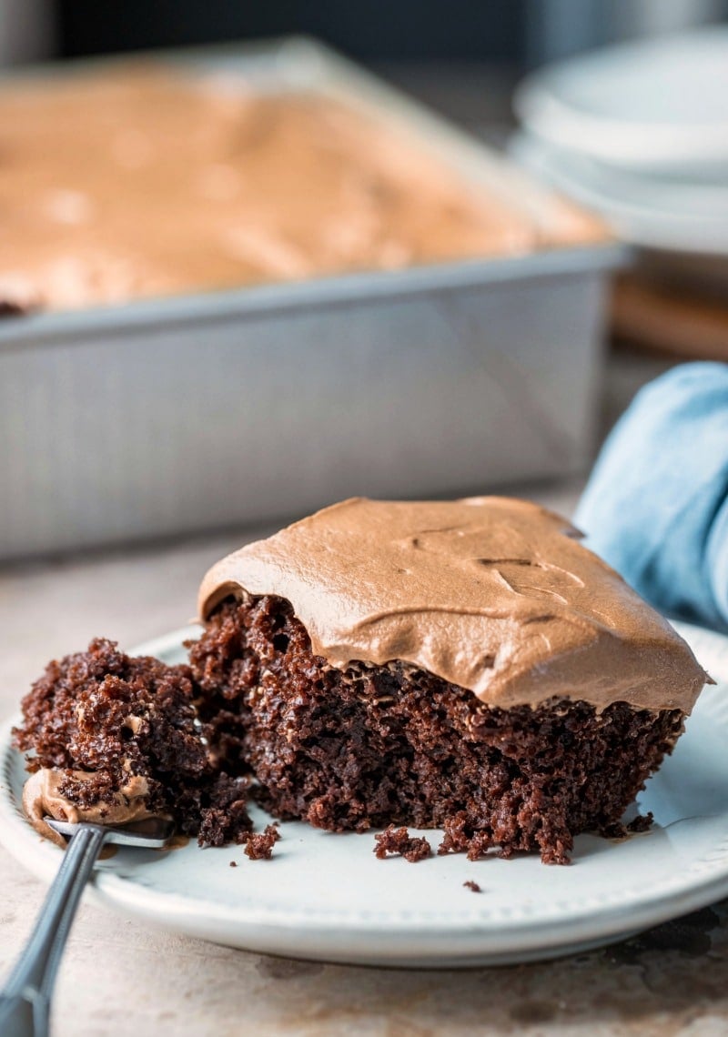 Piece of 6 minute chocolate cake on a plate with a fork next to it