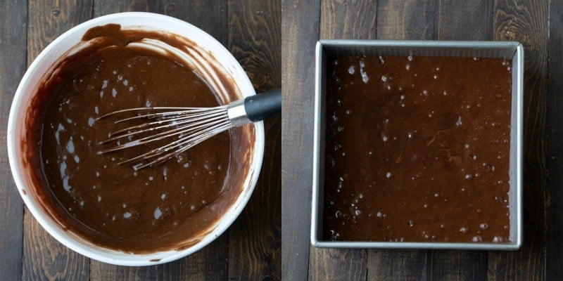6 minute chocolate cake batter in a white mixing bowl