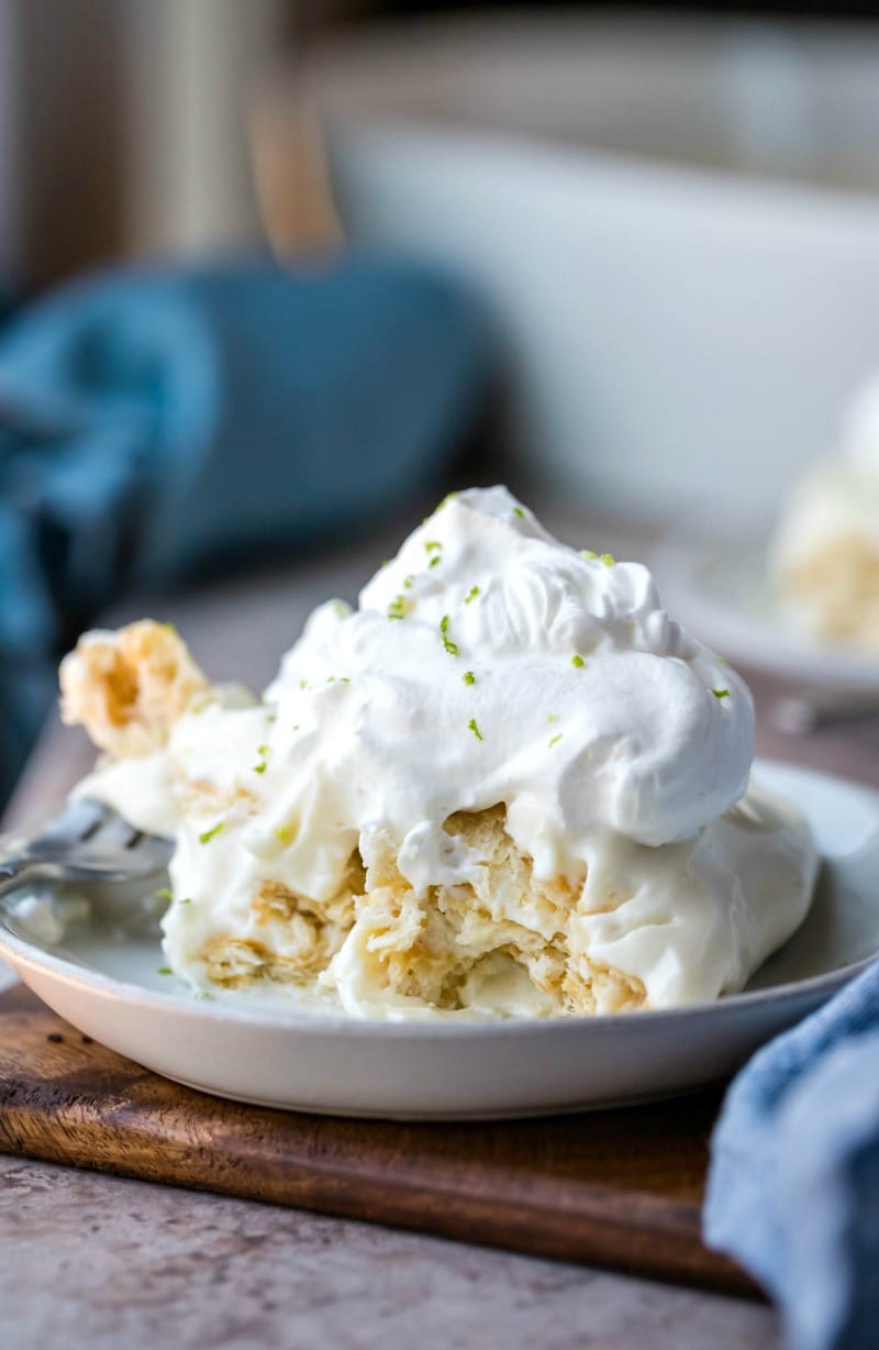 Piece of no bake key lime pie on a white plate