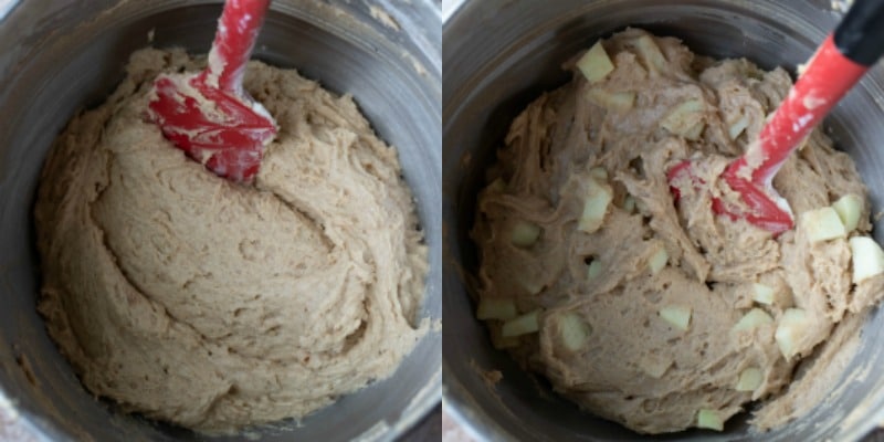 Apple muffin batter in a silver mixing bowl