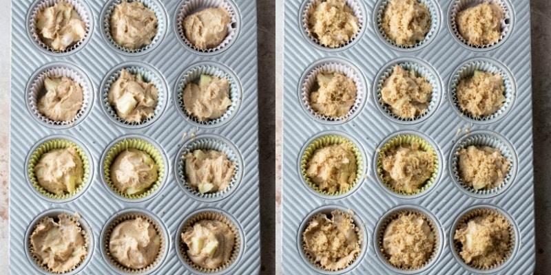 Apple muffin batter in a muffin tin